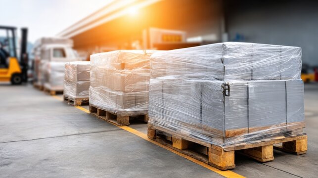 Wrapped Cargo Pallets in a Warehouse Row with Sunlight