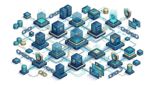 Isometric Blockchain DeFi Security Network Map, Photorealistic Illustration