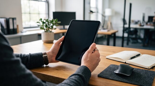 Business professional holding a tablet computer in modern office workspace, analyzing data on screen with notebook and mouse nearby, remote work concept, technology usage