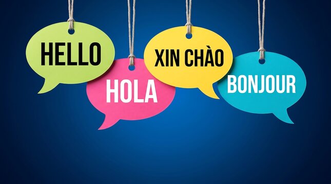 Multilingual Greeting Speech Bubbles with Hello Hola Bonjour and Xin Chao Hanging on Strings over Blue Background for Global Business Marketing