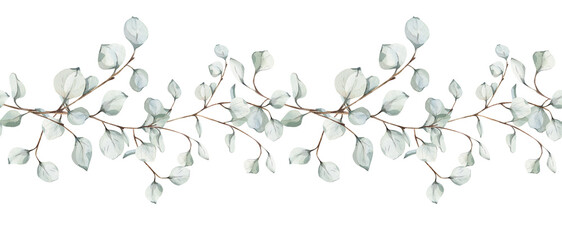 Delicate watercolor horizontal garland and seamless border with eucalyptus branches with soft sage green leaves on white background. For wedding stationery, banners, packaging and botanical design. © Oksana