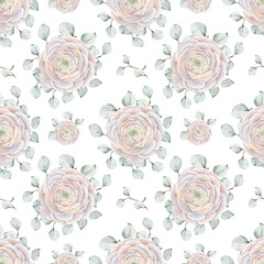 Seamless watercolor floral pattern with blush ranunculus, rose or peony and eucalyptus leaves on white background. For wedding stationery, packaging, fabric, textiles, and elegant wallpapers © Oksana