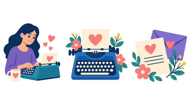 Woman typing a love letter on a typewriter with flowers