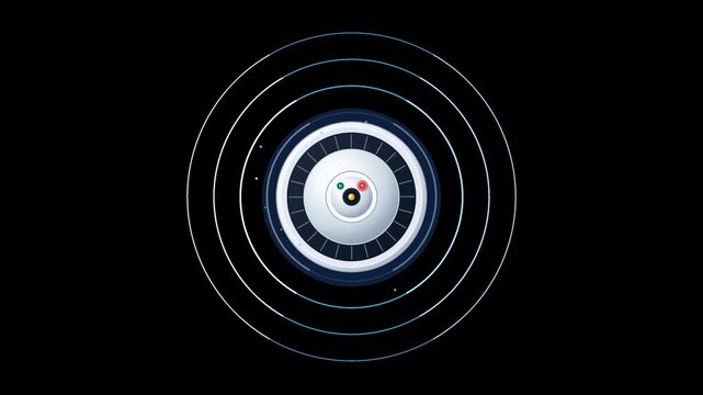 Flat vector ceiling mounted smoke detector with concentric sensing wave rings and pulsing LED indicator in seamless loop on transparent background.