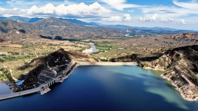 El Quimbo Dam and Reservoir Surrounded by Andean Mountains on the Magdalena River in Colombia. Time Lapse. Establishing Shot. Aerial View.