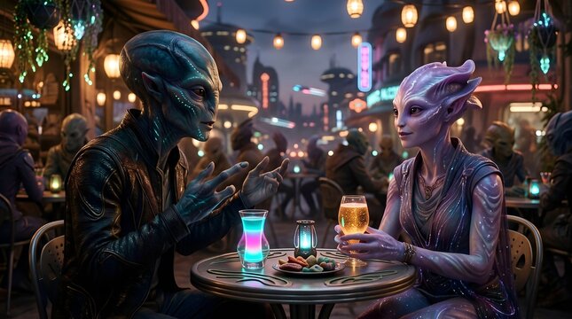 Futuristic Sci-Fi Scene of Two Extraterrestrial Aliens Enjoying Drinks at an Outdoor Cafe