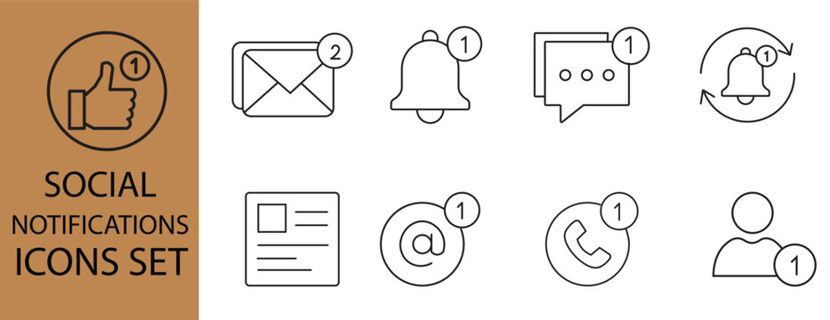 Social media notifications line icon set featuring unread message, bell alert, chat comment, news feed, and friend request badges on white background.