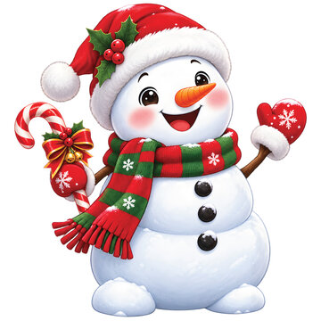 Cute Christmas Snowman with Santa Hat and Candy Cane