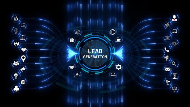 Lead generation digital interface for business growth and customer acquisition strategies shown with glowing blue icons and modern data networking.