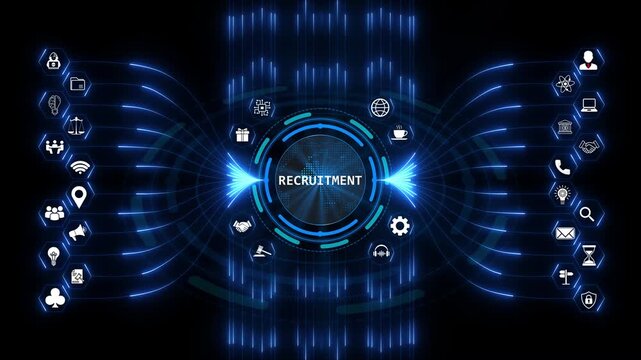 Recruitment digital interface for human resources management and hiring process optimization with glowing blue network icons on a dark background.