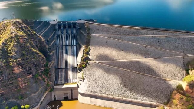 El Quimbo Dam Hydroelectric Energy Infrastructure on the Magdalena River in Colombia. Time Lapse. Establishing Shot. Aerial View.