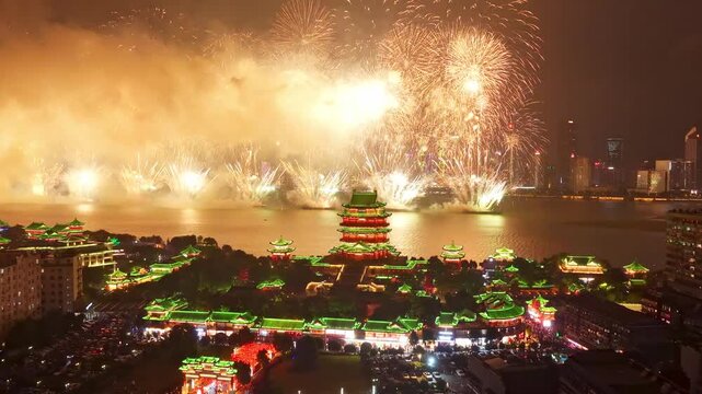 Beautiful fireworks and the night view of the ancient Tengwang Pavilion in Jiangxi