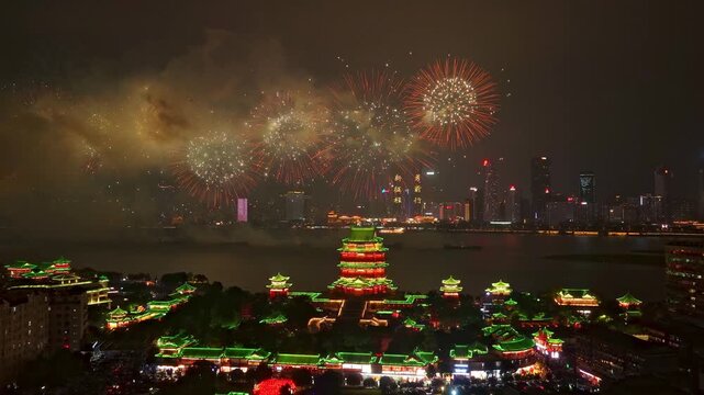 Beautiful fireworks and the night view of the ancient Tengwang Pavilion in Jiangxi