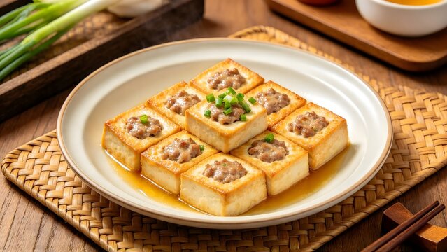 Hakka Stuffed Tofu in Styled Food Photography Setting, Classic Jiangxi Hakka Cuisine