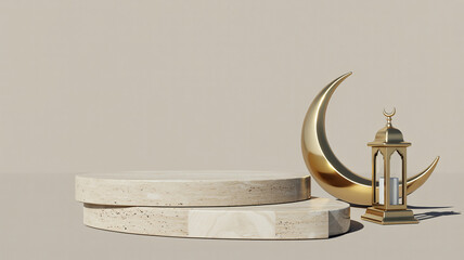 Golden crescent moon and lantern on minimalist white platform display © Ayesha