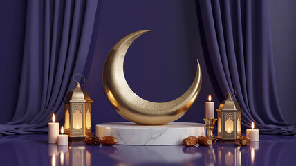 Golden crescent moon decoration with lanterns and dates on marble surface © Ayesha