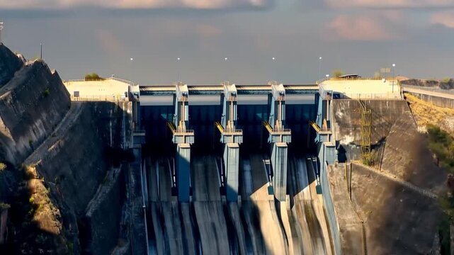 El Quimbo Dam Hydroelectric Energy Infrastructure on the Magdalena River in Colombia. Time Lapse. Establishing Shot. Aerial View.