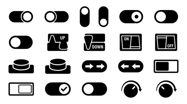 Modern toggle switch icons isolated on white background. UI interface symbols for digital design. Toggle, slider, button, checkmark, volume, window, clock, settings icons. Vector illustration.