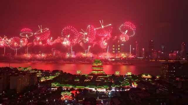 Beautiful fireworks and the night view of the ancient Tengwang Pavilion in Jiangxi