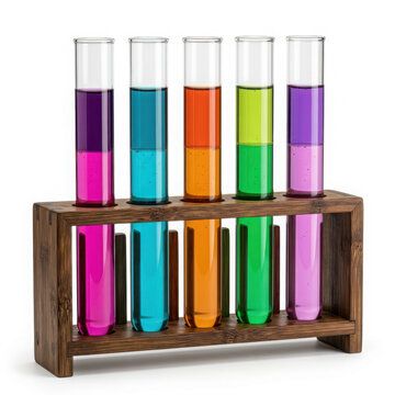 Five glass test tubes with layered colorful liquids in a wooden rack on generated using ai