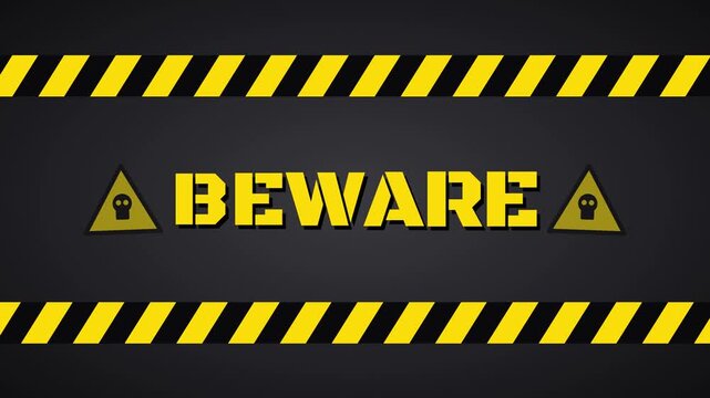 Beware warning sign with hazard stripes A