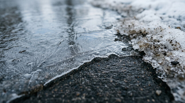 Thin ice melting over dark asphalt in winter