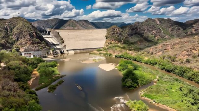 El Quimbo Hydroelectric Dam on the Magdalena River in Huila, Colombia. Time Lapse. Establishing Shot. Aerial View.