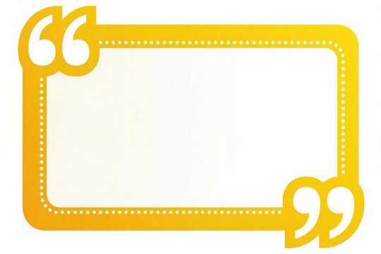 Bright yellow speech bubble with large quotation marks icon. Empty rectangular frame with dotted border for text message. Blank yellow quote box template for social media comment, customer feedback,