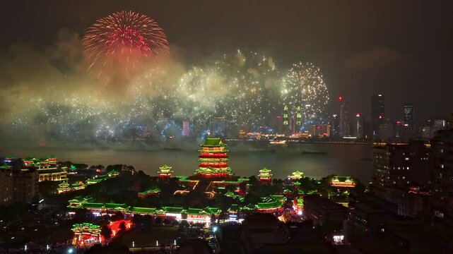 Beautiful fireworks and the night view of the ancient Tengwang Pavilion in Jiangxi