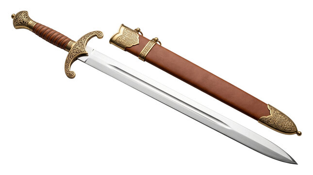 Medieval sword with ornate brass hilt and leather scabbard, antique knight steel blade weapon, historical fantasy cosplay prop isolated PNG with Transparent Background