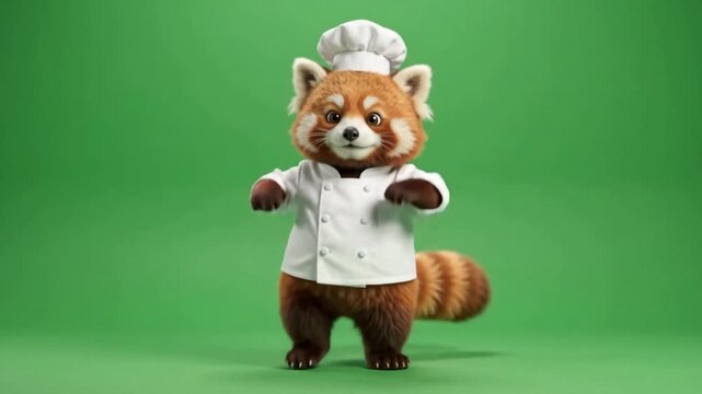 Adorable Red Panda Chef in White Uniform Dancing on Green Screen