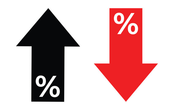 Two vertical arrows with percentage symbols, one black arrow pointing up and one red arrow pointing down, isolated on a white background