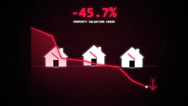 House interest rate graphic with falling property valuation crash. 4k