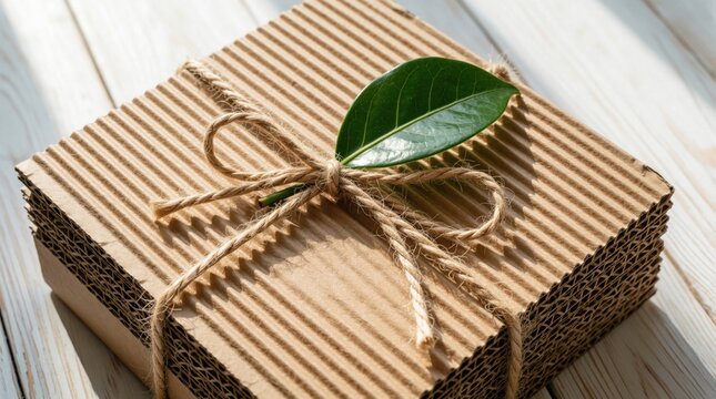 Eco friendly cardboard box tied with natural twine rope. Single green leaf decorates brown recycled package on wooden surface. Sustainable gift wrap concept for organic branding zero waste lifestyle