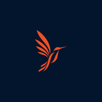Modern minimalist logo design featuring an abstract hummingbird in flight. Sleek orange bird silhouette on a dark navy blue background. Perfect for corporate branding, travel, creative businesses. 