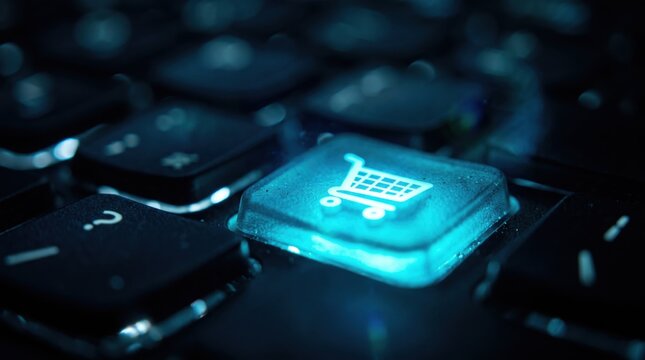 Closeup of a glowing blue shopping cart icon button on a computer keyboard, representing online shopping and ecommerce technology
