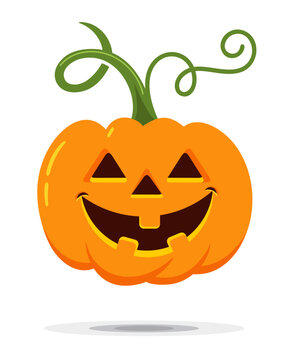 Cute smiling carved Halloween pumpkin 
vector illustration, friendly Jack-o'-lantern 
face isolated on white background. 
Happy pumpkin face for Halloween Party Decor