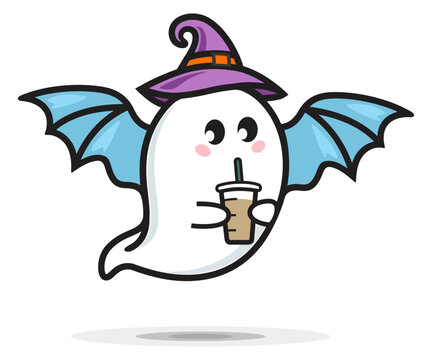Minimalist kawaii Halloween Ghost 
drinking coffee line art vector illustration 
isolated on white background. 
for Cute T-shirt design, printables, 
marketing collaterals & businesses