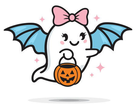 Hand drawn cute cartoon style Halloween Ghost holding jack-o'-lantern pumpkin candy bucket 
vector illustration isolated on white background. 
Minimalist, icon, clipart for Halloween Party Decor