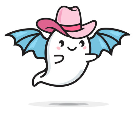 Groovy cute Halloween Ghost wearing 
cowboy hat vector line art 
illustration isolated on white background. 
Minimalist, icon, clipart for Halloween Party Decor