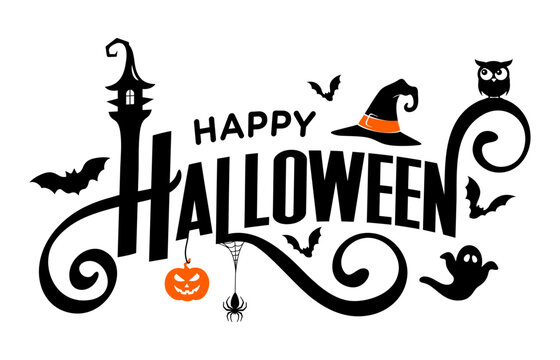 Printable hand drawn lettering text 
vector sign for Happy Halloween banner, 
with Cute spooky logo type, retro elements, 
copy space, isolated on white background