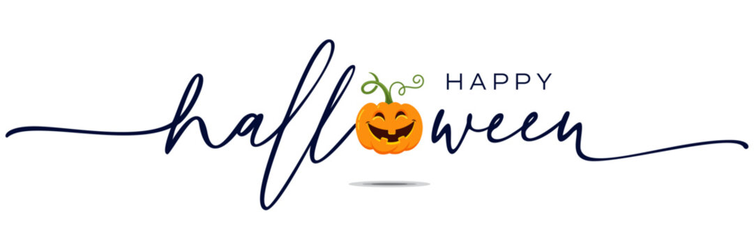 Halloween email signature with Cute 
smiling carved Halloween jack o lantern pumpkin, 
Hand lettering calligraphy text vector 
isolated on white background. Halloween email sign offs 