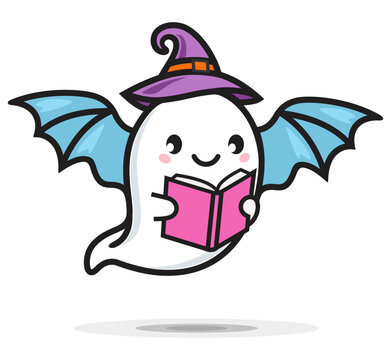 Retro groovy cute Halloween Ghost reading book & 
wearing witch hat vector line art 
illustration isolated on white background. 
Minimalist, icon, clipart for Halloween Party Decor