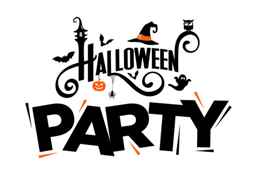 Retro Halloween party text banner, Black lettering 
typography logo vector with cute spooky elements 
& copy space, isolated on white background
