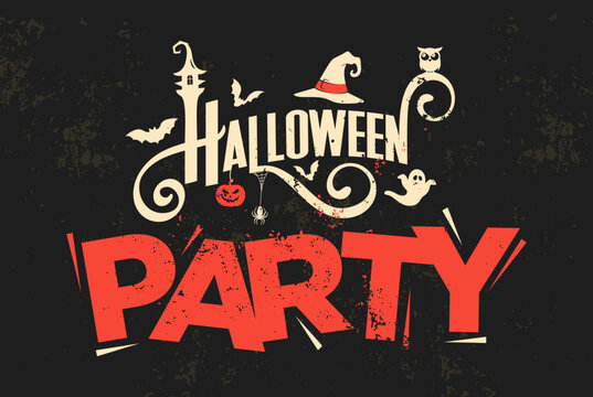 Grunge distressed retro style Halloween 
party banner lettering logo, Spooky Halloween 
web header banner template with bats, witch hat, 
and pumpkin jack o lantern