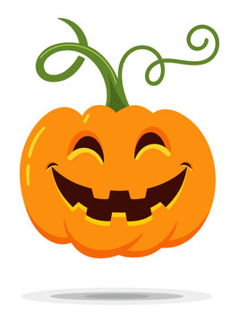Hand drawn vector illustration of a 
happy Halloween Jack-o'-lantern pumpkin 
with smiling face expression 
isolated on white background