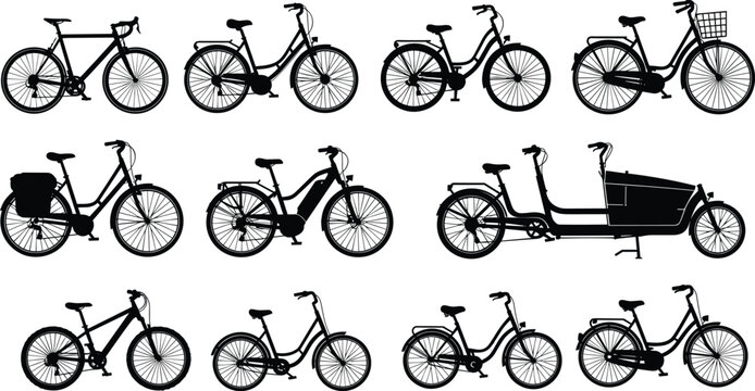 Black bicycle silhouettes vector set featuring road bikes, city bikes, electric bicycles, and cargo bikes on white background