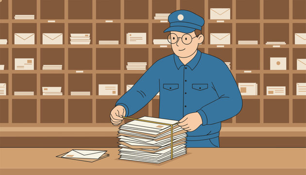 Postman wearing glasses and blue uniform tying a string around a large stack of mail letters on a desk.