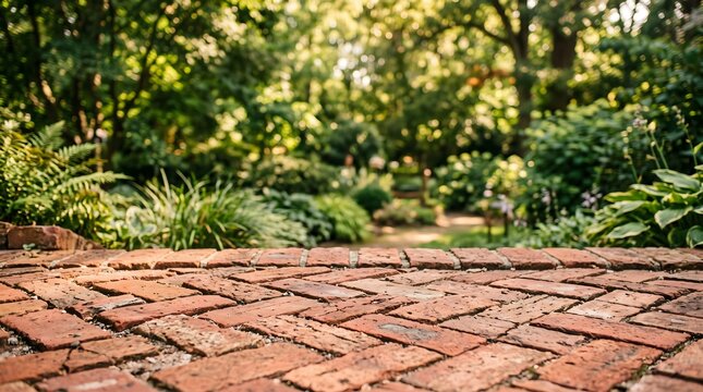 A rustic red brick patio floor leading into a lush green garden with soft natural sunlight