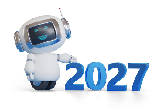 Year 2027 in three dimensions with cute robot. New year concept. 3d illustration.